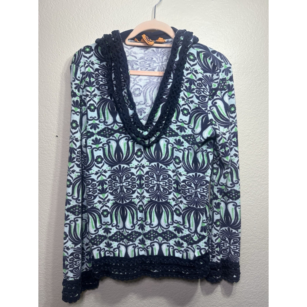 Tory Burch Navy & Green Hooded Terry Cloth Tunic Size Small Beach Resortwear